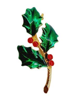 AAI Holly Green Enamel Gold tone Brooch Pin 1990s